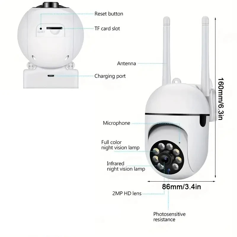 Câmera de vigilância de segurança sem fio ao ar livre, rastreamento humano AI, áudio bidirecional, câmera colorida noturna, 2MP, 1080p, Wi-Fi IP