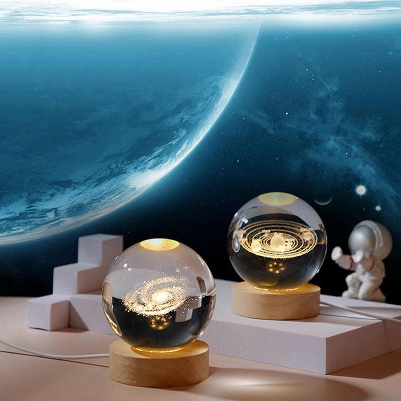 Lâmpada de cristal 3D com galáxia e projeção planetária, luz noturna USB para atmosfera aconchegante, bola de plasma única tipo luminária .