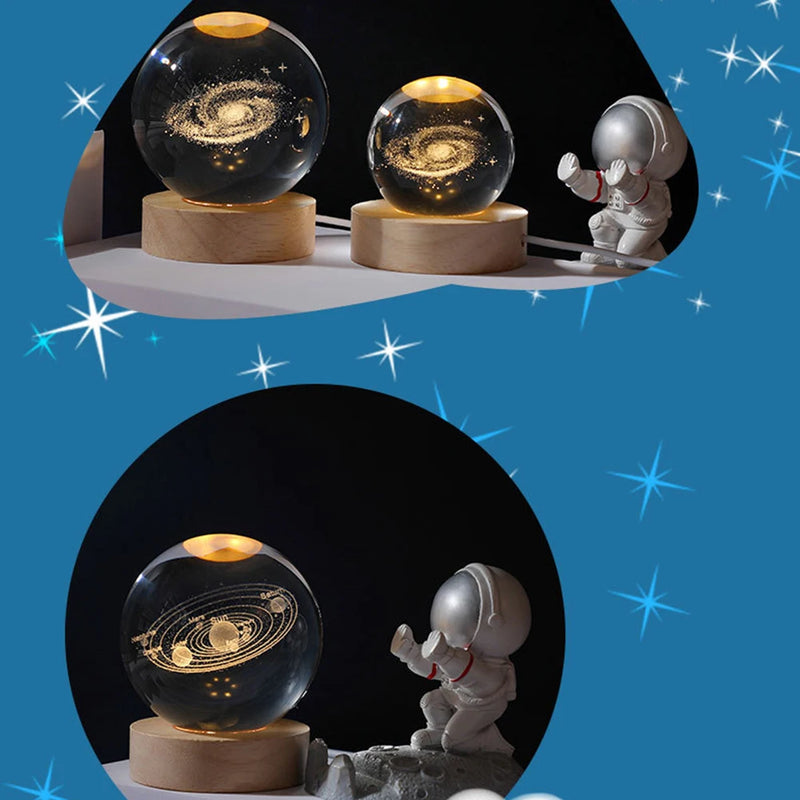 Lâmpada de cristal 3D com galáxia e projeção planetária, luz noturna USB para atmosfera aconchegante, bola de plasma única tipo luminária .
