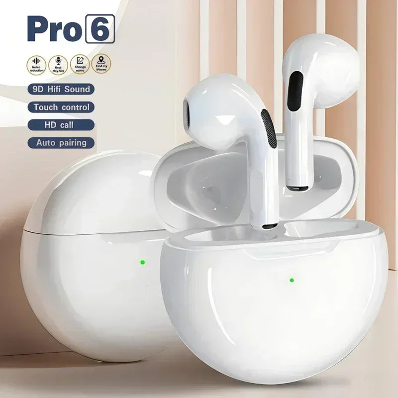 Fones de ouvido Bluetooth TWS com microfone, fone de ouvido sem fio para iPhone, Pro 6