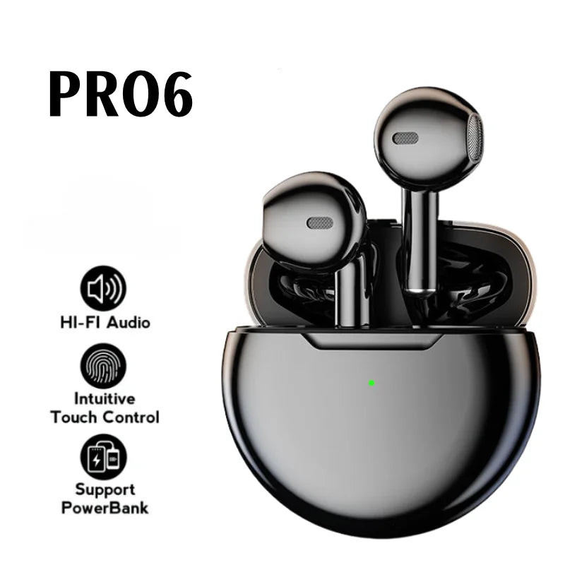 Fones de ouvido sem fio TWS com microfone, fones de ouvido Bluetooth, fones de ouvido, fone de ouvido esportivo, Apple iPhone, Xiaomi, Pro 6, novo