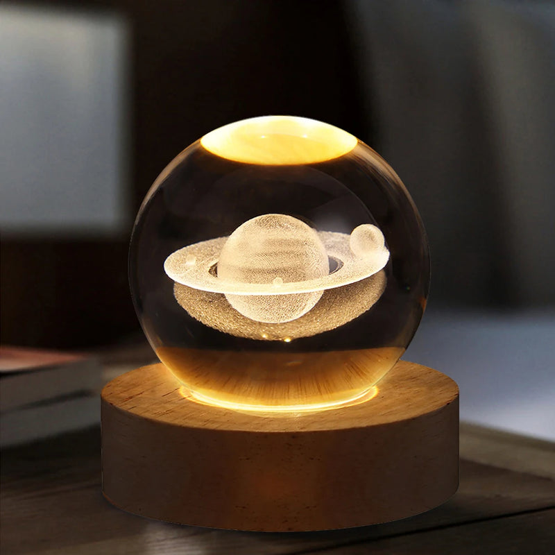 Lâmpada de cristal 3D com galáxia e projeção planetária, luz noturna USB para atmosfera aconchegante, bola de plasma única tipo luminária .