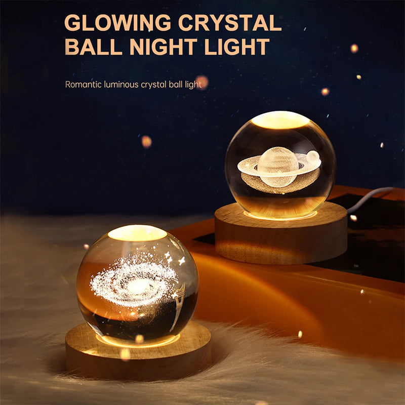Lâmpada de cristal 3D com galáxia e projeção planetária, luz noturna USB para atmosfera aconchegante, bola de plasma única tipo luminária .
