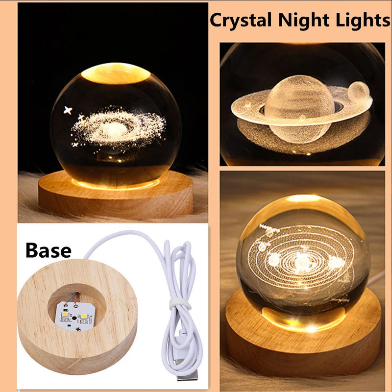 Lâmpada de cristal 3D com galáxia e projeção planetária, luz noturna USB para atmosfera aconchegante, bola de plasma única tipo luminária .