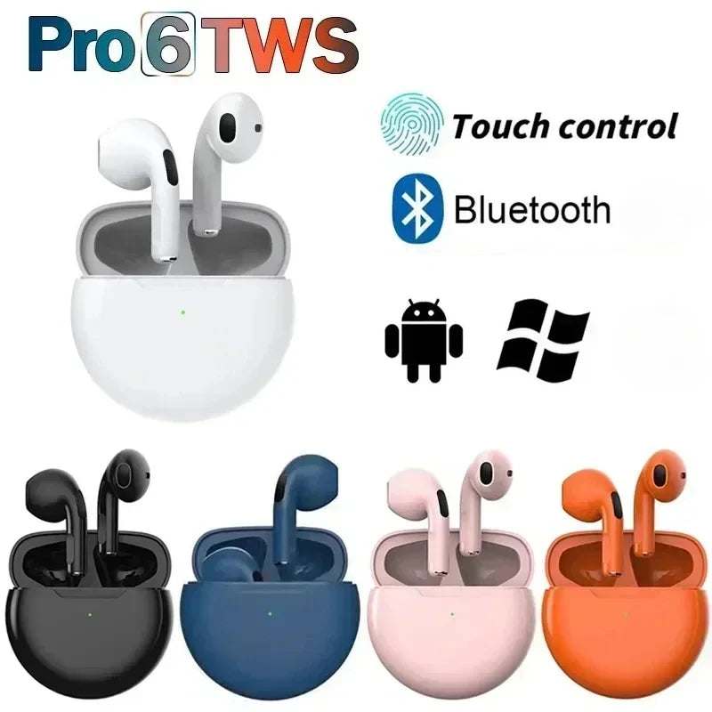 Fones de ouvido Bluetooth TWS com microfone, fone de ouvido sem fio para iPhone, Pro 6