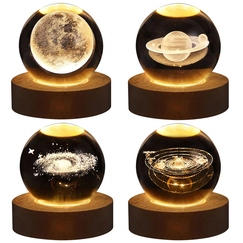 Lâmpada de cristal 3D com galáxia e projeção planetária, luz noturna USB para atmosfera aconchegante, bola de plasma única tipo luminária .