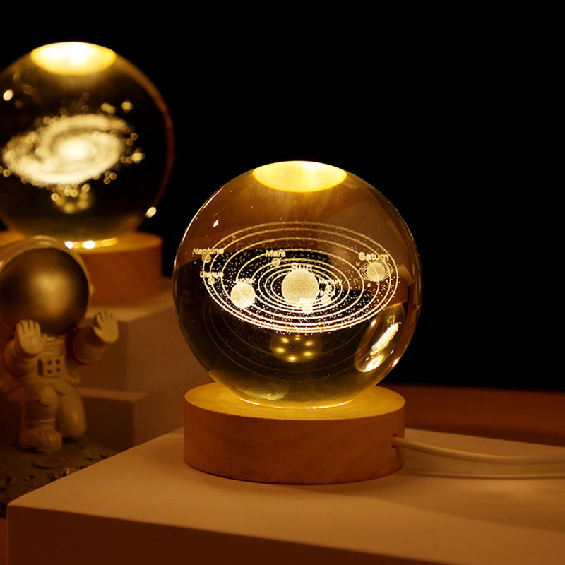 Lâmpada de cristal 3D com galáxia e projeção planetária, luz noturna USB para atmosfera aconchegante, bola de plasma única tipo luminária .
