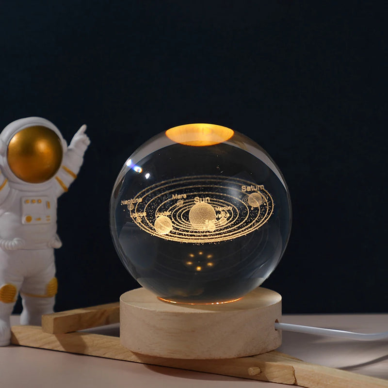Lâmpada de cristal 3D com galáxia e projeção planetária, luz noturna USB para atmosfera aconchegante, bola de plasma única tipo luminária .