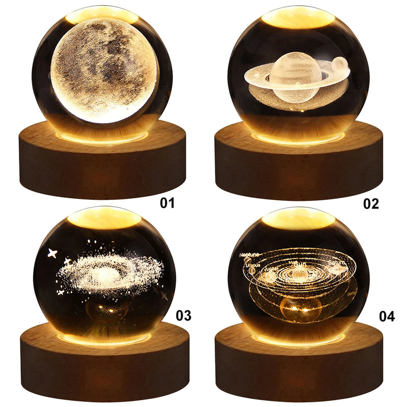 Lâmpada de cristal 3D com galáxia e projeção planetária, luz noturna USB para atmosfera aconchegante, bola de plasma única tipo luminária .