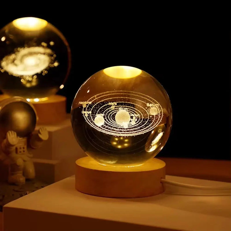 Lâmpada de cristal 3D com galáxia e projeção planetária, luz noturna USB para atmosfera aconchegante, bola de plasma única tipo luminária .
